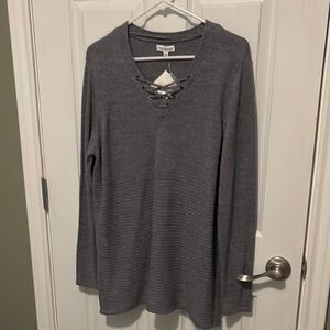 Gray Lace-Up V-Neck Women's Top